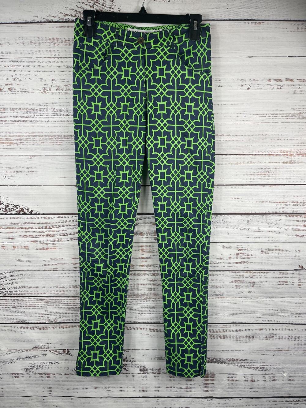 Gretchen Scott Pants Women's XS Navy Green Geometric Print Stretch Cotton Ankle